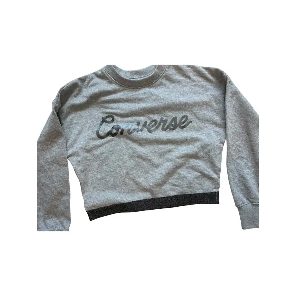 Converse Girls Size 4 Cropped Crewneck Sweatshirt Gray Metallic Silver Logo NWT